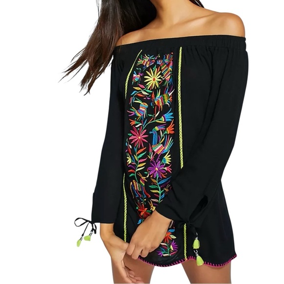 NWT Nanette Lepore Swim Black Embroidered Off The Shoulder Cover Up Medium - Picture 1 of 11